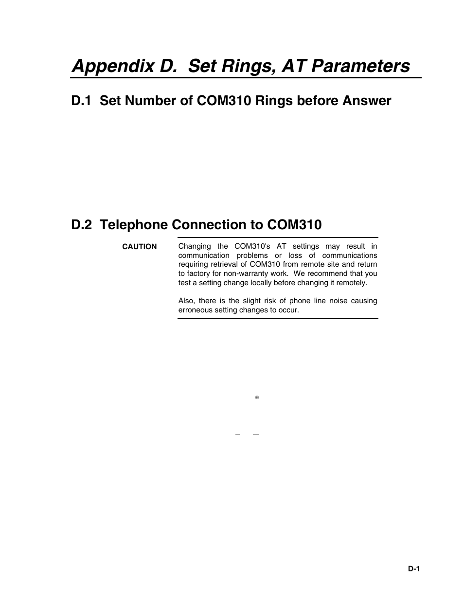 Appendix d. set rings, at parameters, D.1 set number of com310 rings before answer, D.2 telephone connection to com310 | Campbell Scientific COM310 Voice Communications Modem User Manual | Page 41 / 56
