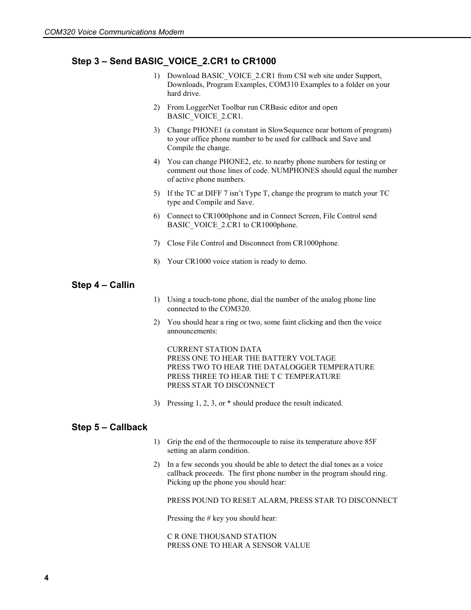 Step 3 – send basic_voice_2.cr1 to cr1000, Step 4 – callin, Step 5 – callback | Campbell Scientific COM320 Voice Communications Modem User Manual | Page 10 / 50