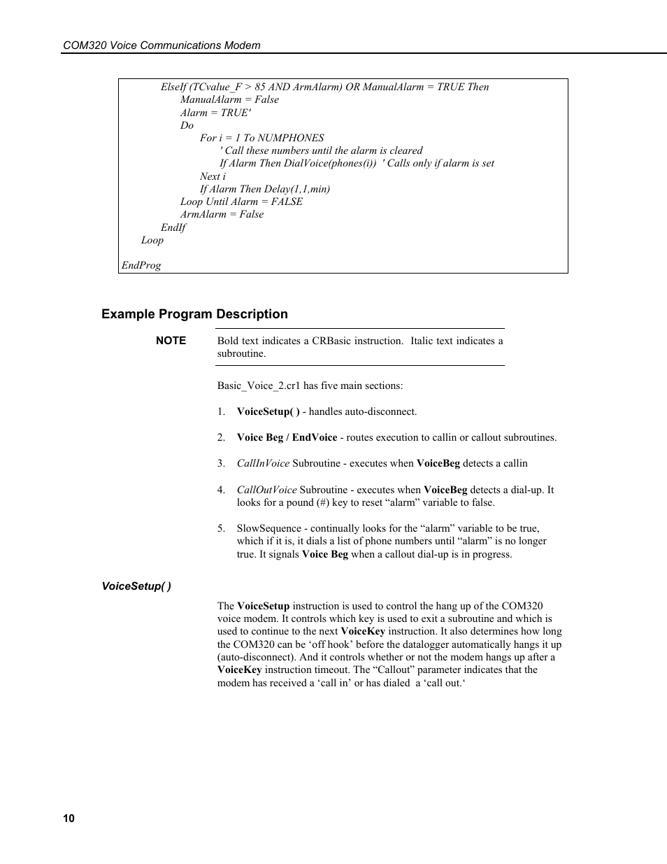 Example program description, Voicesetup( ) | Campbell Scientific COM320 Voice Communications Modem User Manual | Page 16 / 50