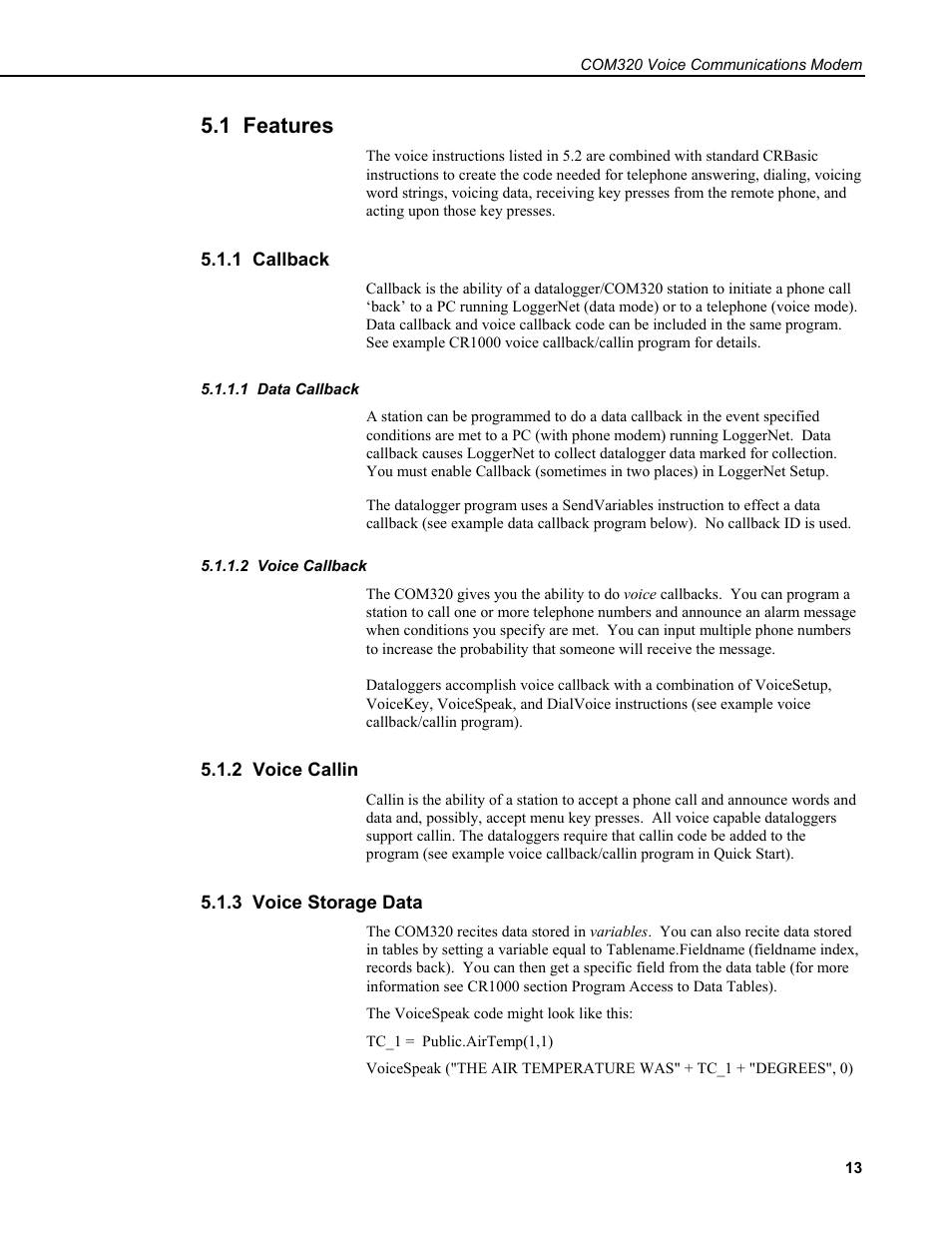 1 features, 1 callback, 1 data callback | 2 voice callback, 2 voice callin, 3 voice storage data | Campbell Scientific COM320 Voice Communications Modem User Manual | Page 19 / 50