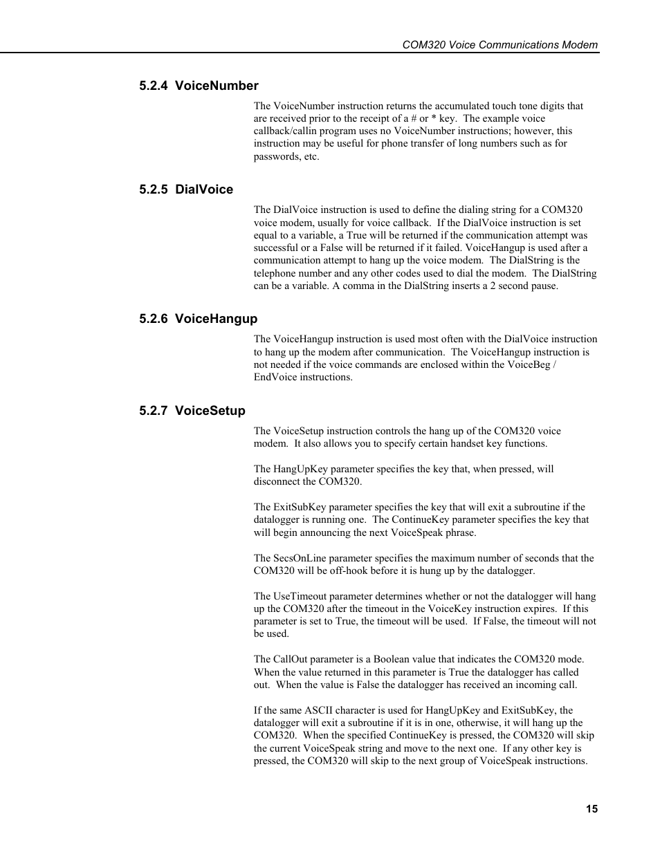 4 voicenumber, 5 dialvoice, 6 voicehangup | 7 voicesetup | Campbell Scientific COM320 Voice Communications Modem User Manual | Page 21 / 50