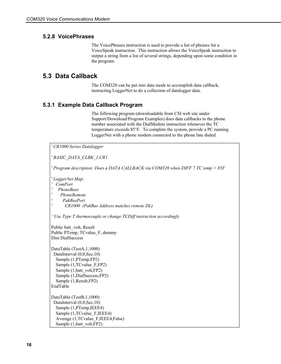 8 voicephrases, 3 data callback, 1 example data callback program | Campbell Scientific COM320 Voice Communications Modem User Manual | Page 22 / 50