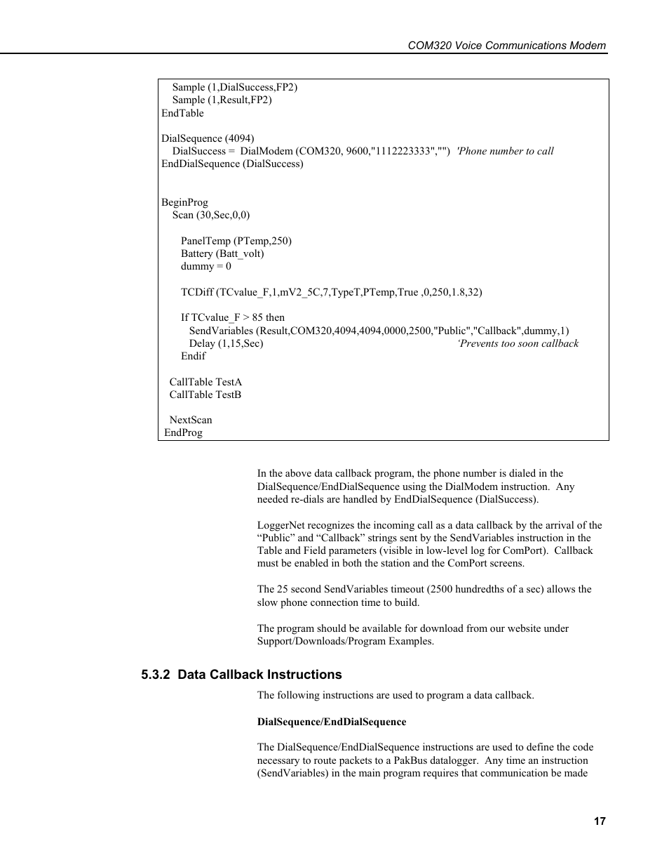 2 data callback instructions | Campbell Scientific COM320 Voice Communications Modem User Manual | Page 23 / 50