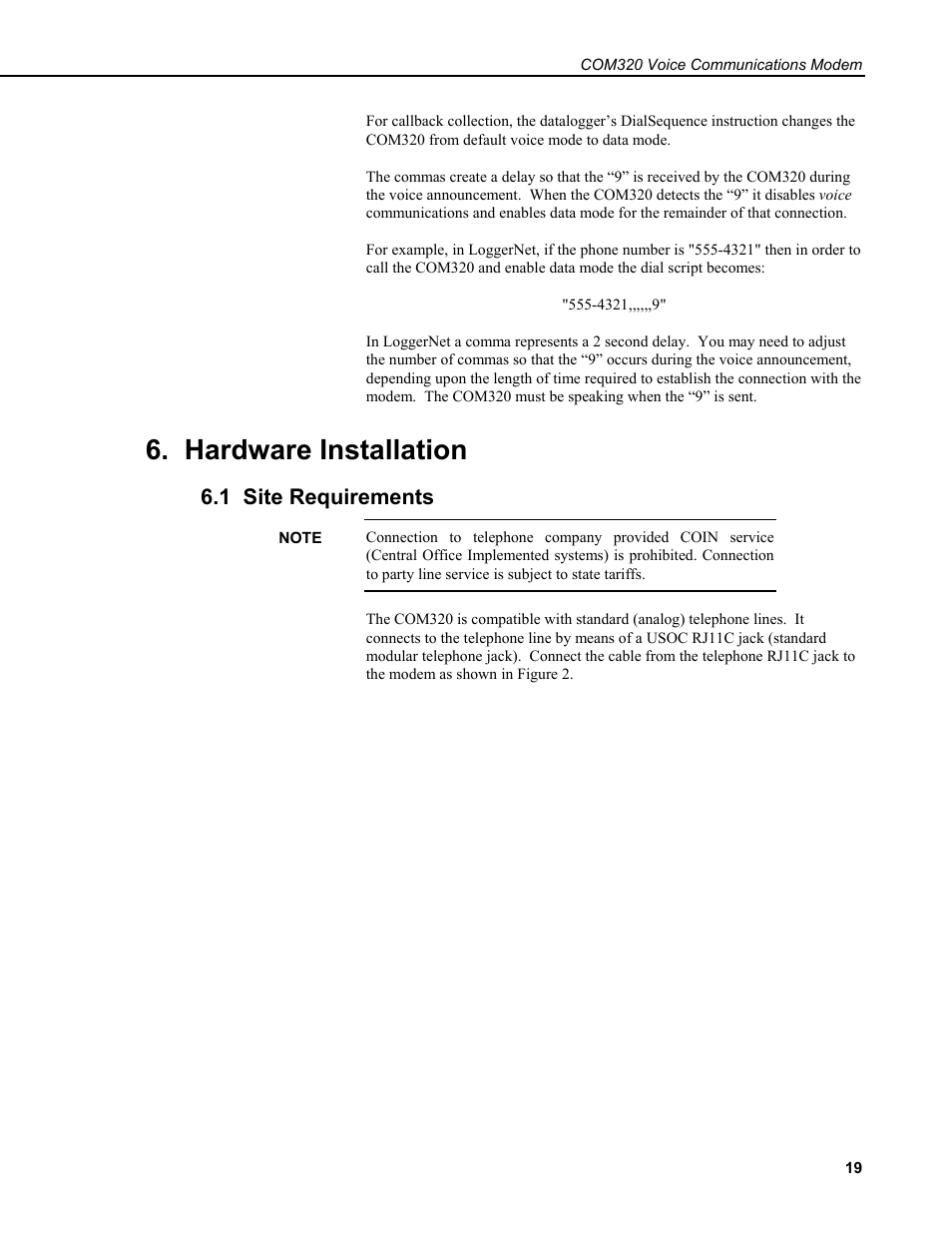 Hardware installation, 1 site requirements | Campbell Scientific COM320 Voice Communications Modem User Manual | Page 25 / 50
