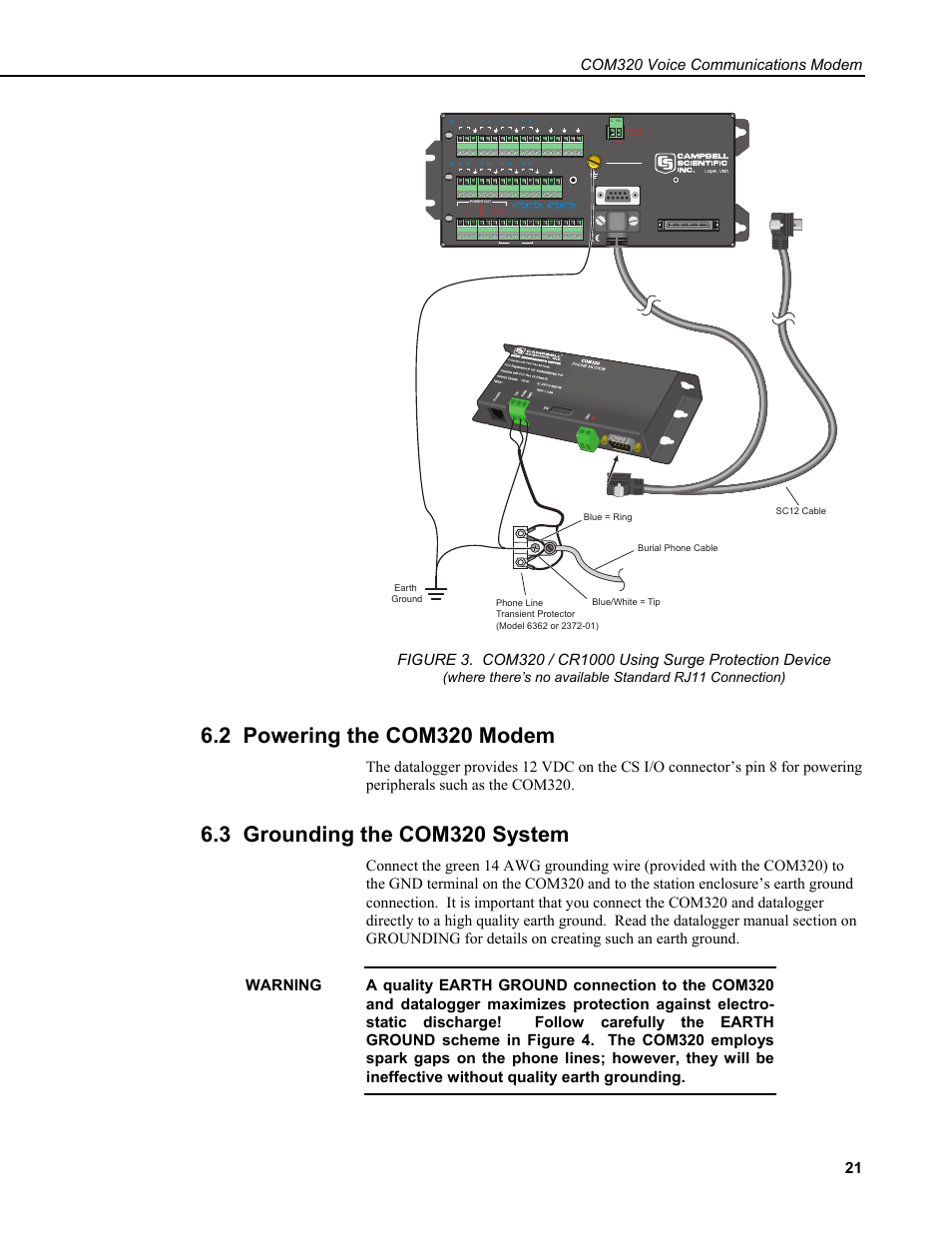 2 powering the com320 modem, 3 grounding the com320 system, Com320 voice communications modem | Cr1000 | Campbell Scientific COM320 Voice Communications Modem User Manual | Page 27 / 50
