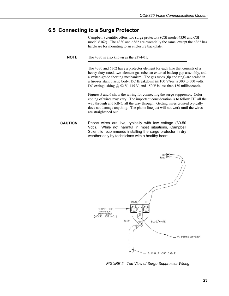 5 connecting to a surge protector | Campbell Scientific COM320 Voice Communications Modem User Manual | Page 29 / 50