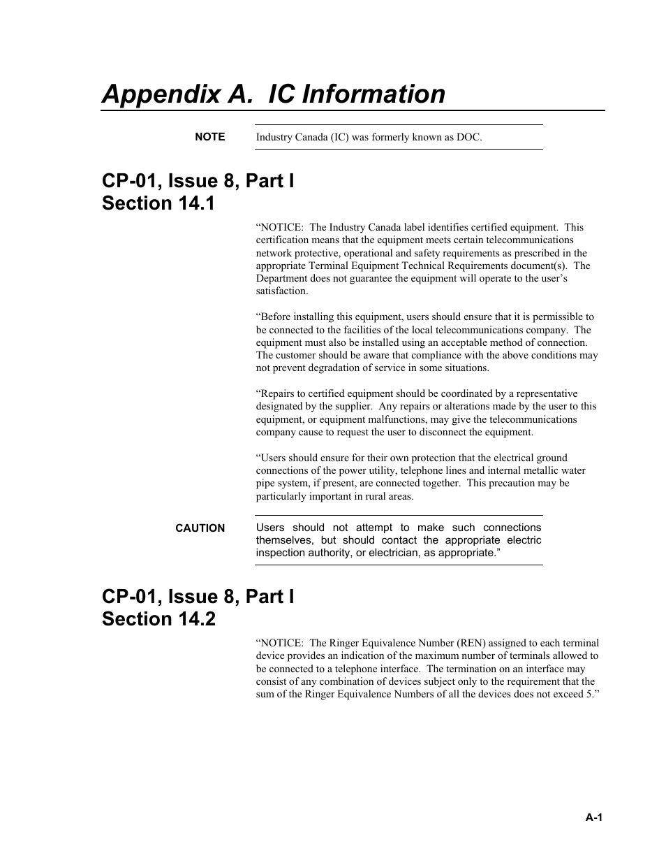 Appendix a. ic information, Cp-01, issue 8, part isection 14.1, Cp-01, issue 8, part isection 14.2 | Campbell Scientific COM320 Voice Communications Modem User Manual | Page 33 / 50