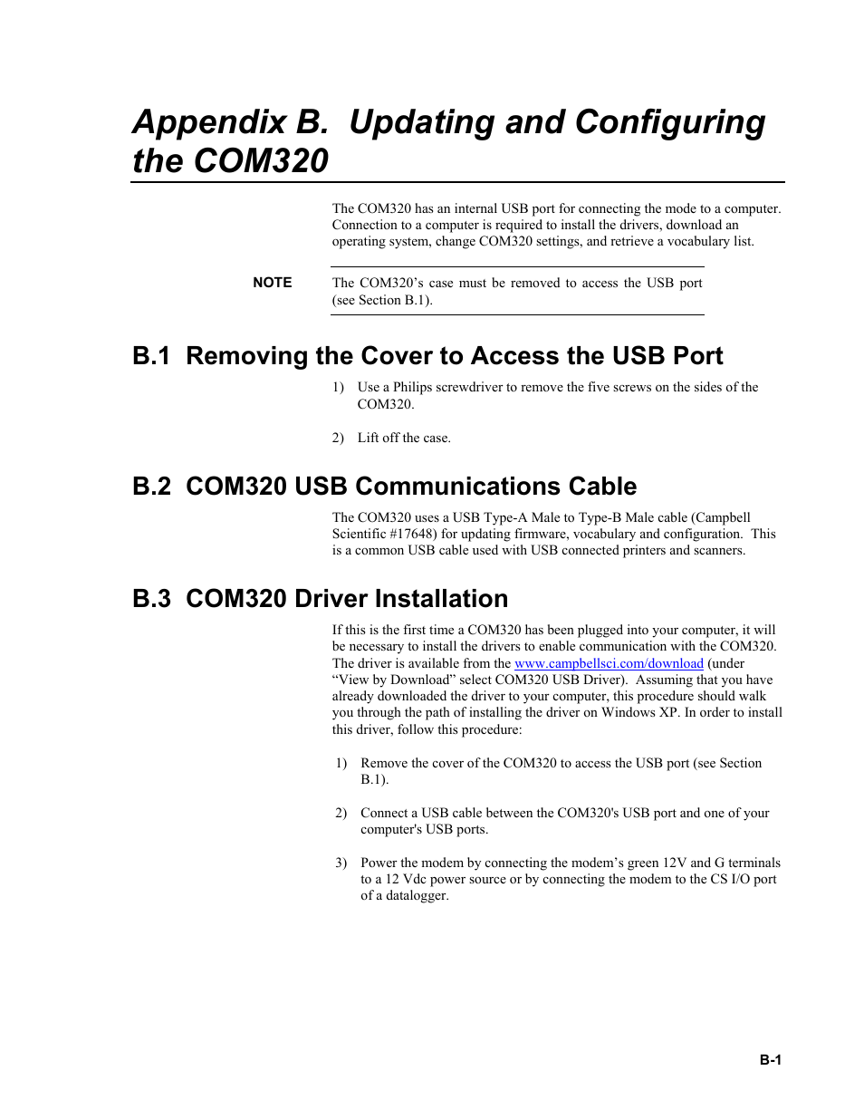 Appendix b. updating and configuring the com320, B.1 removing the cover to access the usb port, B.2 com320 usb communications cable | B.3 com320 driver installation | Campbell Scientific COM320 Voice Communications Modem User Manual | Page 35 / 50
