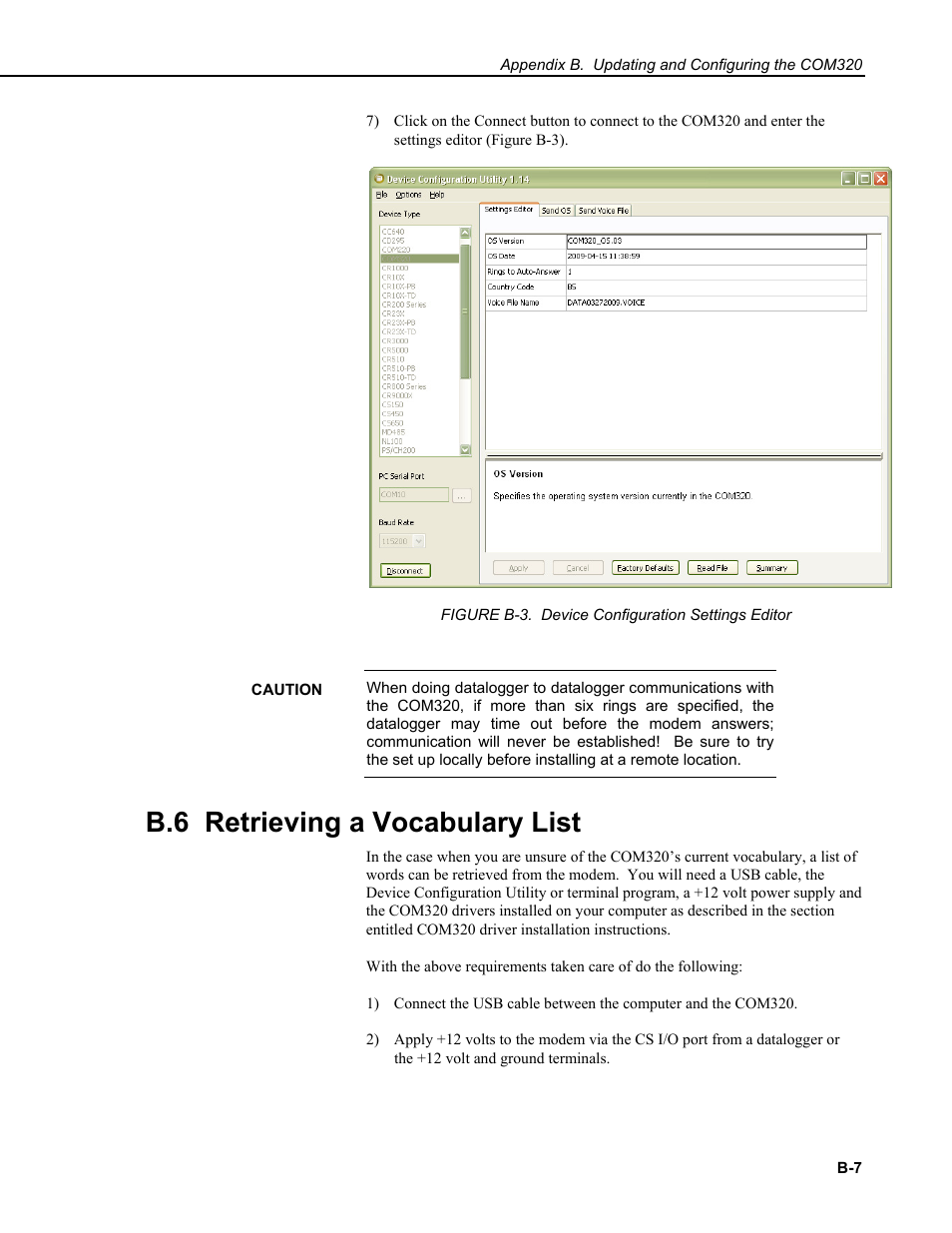 B.6 retrieving a vocabulary list | Campbell Scientific COM320 Voice Communications Modem User Manual | Page 41 / 50