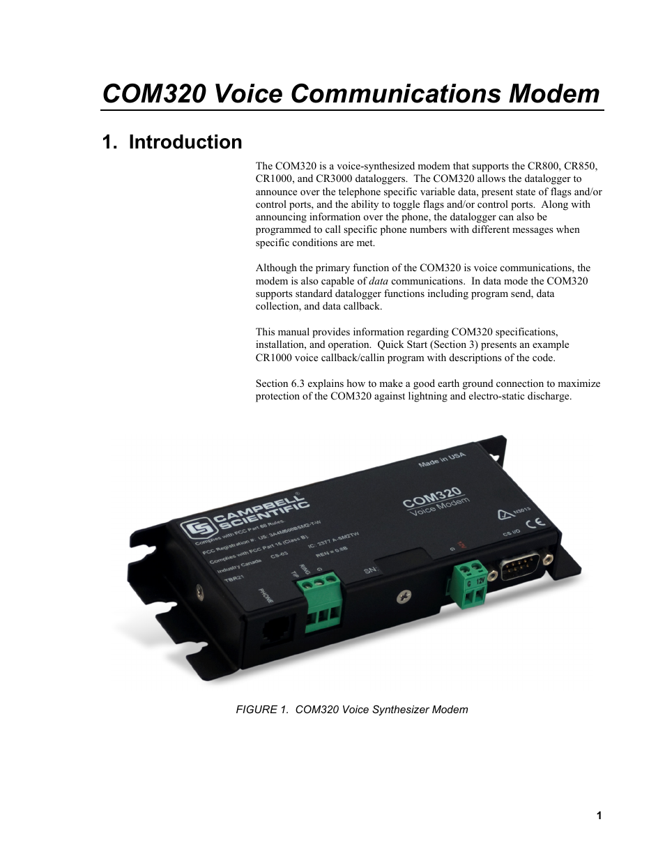 Com320 voice communications modem, Introduction | Campbell Scientific COM320 Voice Communications Modem User Manual | Page 7 / 50