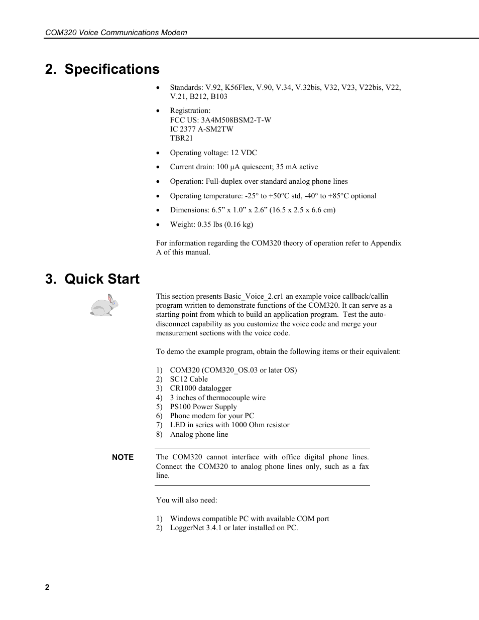 Specifications, Quick start | Campbell Scientific COM320 Voice Communications Modem User Manual | Page 8 / 50