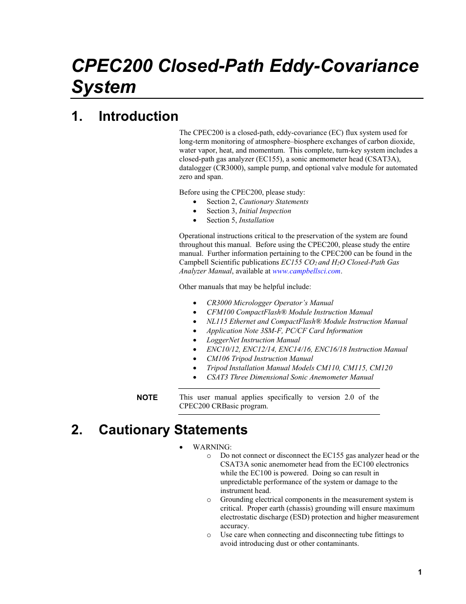 Introduction, Cautionary statements, Cpec200 closed-path eddy-covariance system | Campbell Scientific CPEC200 Closed-Path Eddy-Covariance System User Manual | Page 11 / 112