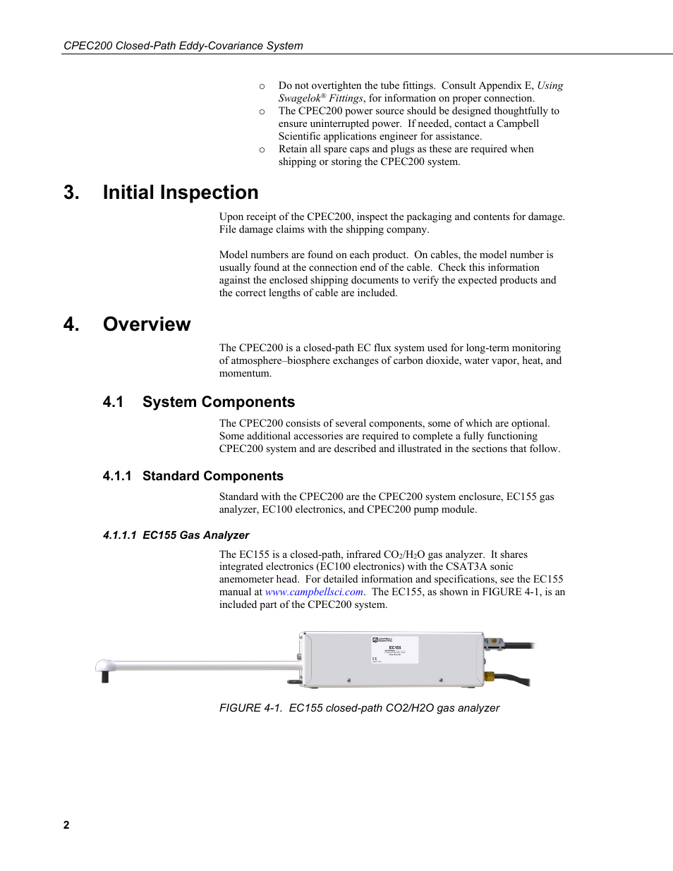 Initial inspection, Overview, 1 system components | 1 standard components, 1 ec155 gas analyzer, System components, Standard components, Ec155 gas analyzer, 1. ec155 closed-path co2/h2o gas analyzer | Campbell Scientific CPEC200 Closed-Path Eddy-Covariance System User Manual | Page 12 / 112