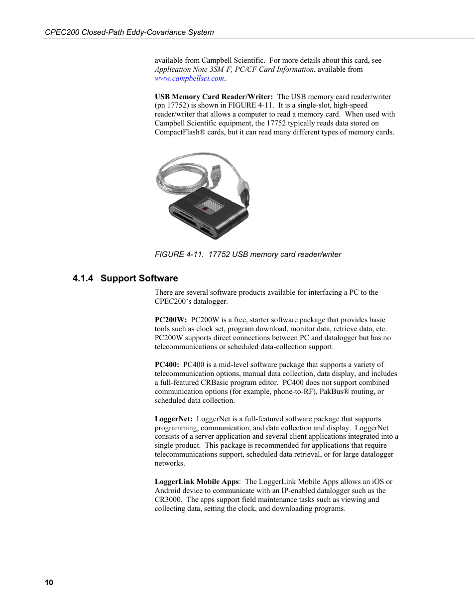 4 support software, Support software, 11. 17752 usb memory card reader/writer | Campbell Scientific CPEC200 Closed-Path Eddy-Covariance System User Manual | Page 20 / 112