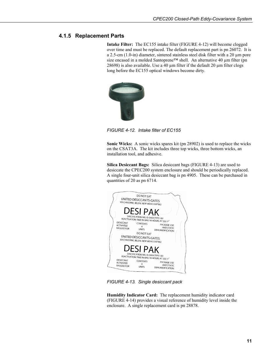 5 replacement parts, Replacement parts, 12. intake filter of ec155 | 13. single desiccant pack | Campbell Scientific CPEC200 Closed-Path Eddy-Covariance System User Manual | Page 21 / 112