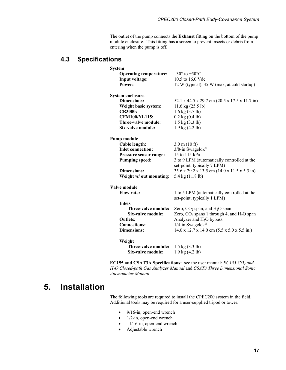 3 specifications, Installation, Specifications | Campbell Scientific CPEC200 Closed-Path Eddy-Covariance System User Manual | Page 27 / 112