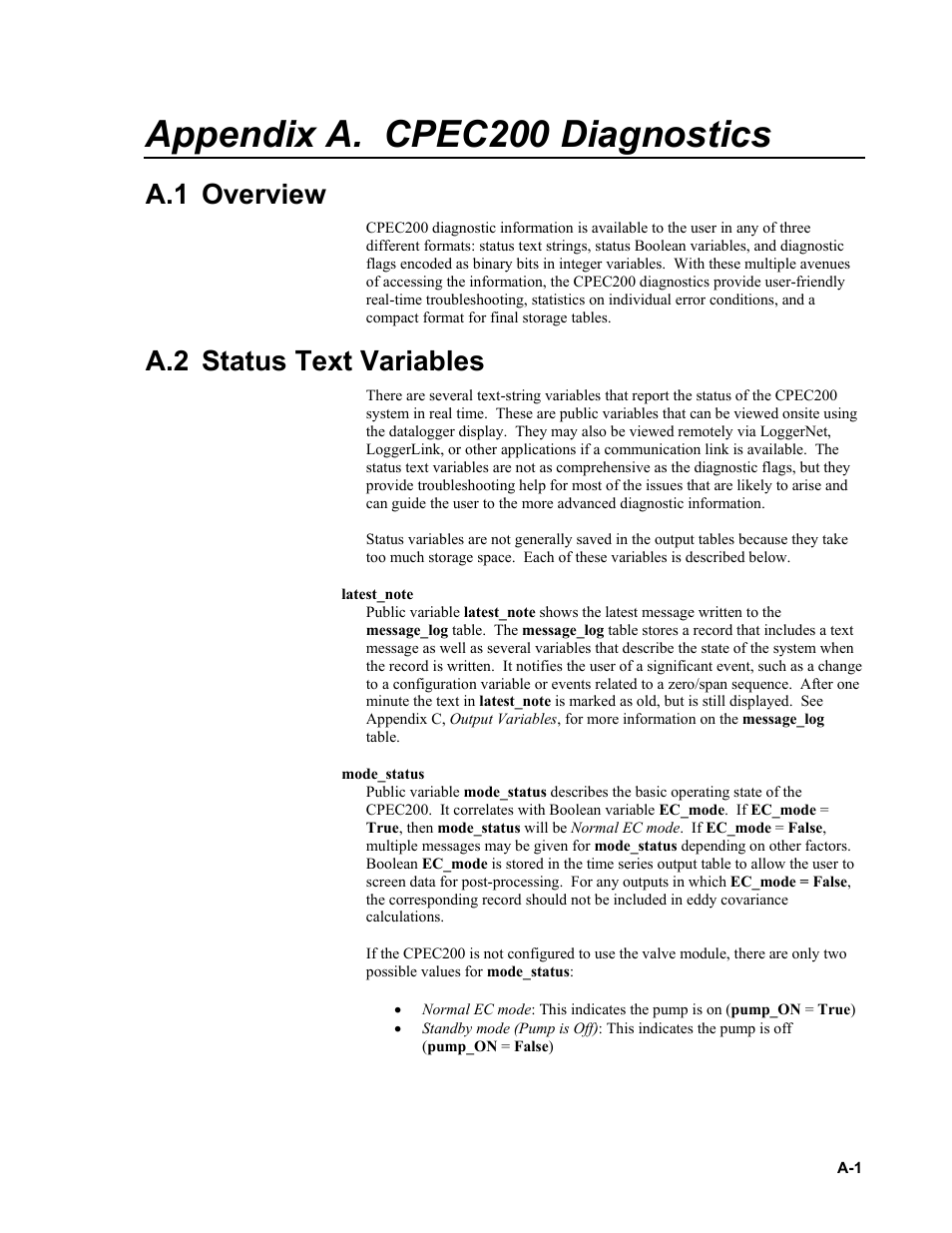 Appendix a. cpec200 diagnostics, A.1 overview, A.2 status text variables | E appendix a, Appendix a | Campbell Scientific CPEC200 Closed-Path Eddy-Covariance System User Manual | Page 53 / 112