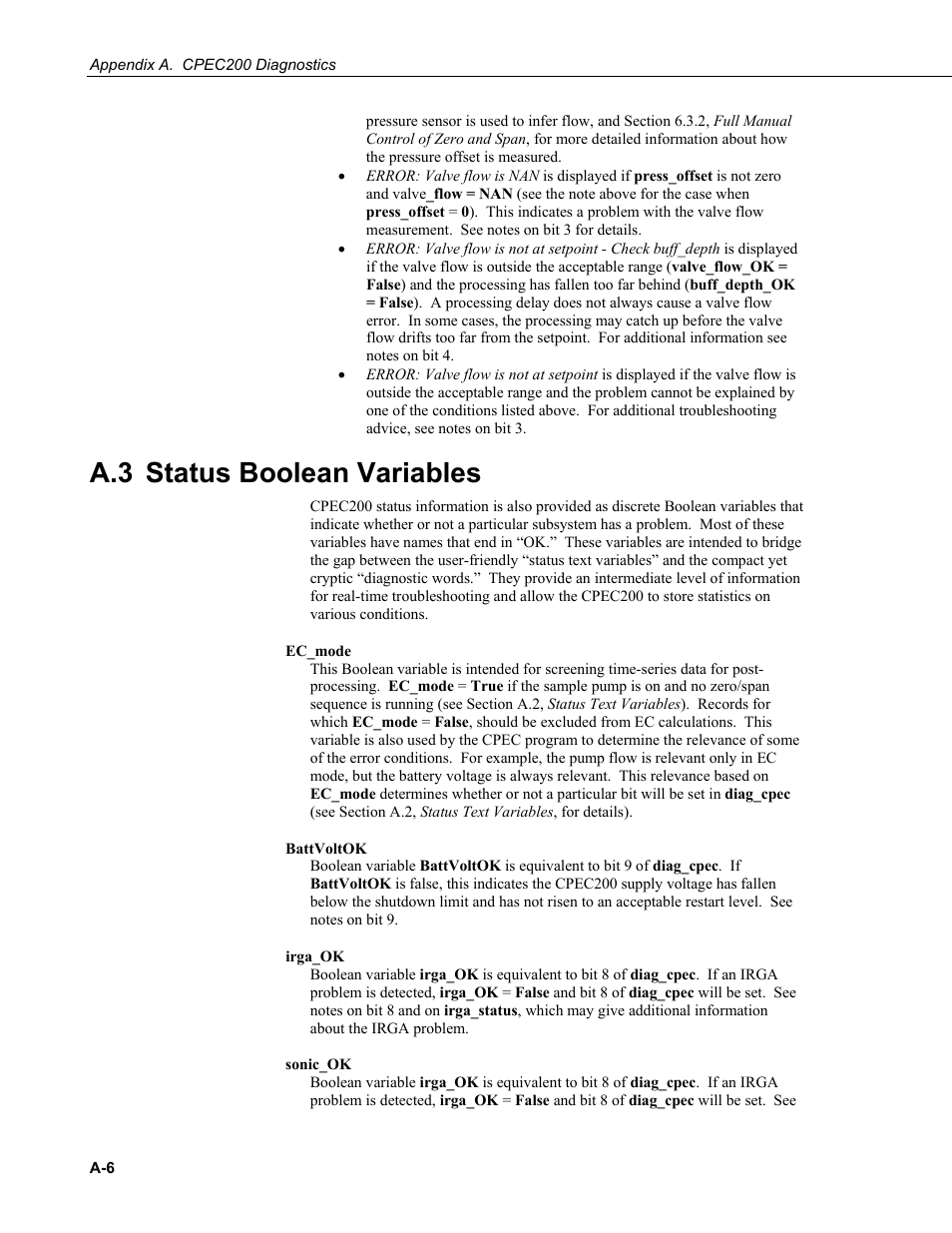 A.3 status boolean variables | Campbell Scientific CPEC200 Closed-Path Eddy-Covariance System User Manual | Page 58 / 112