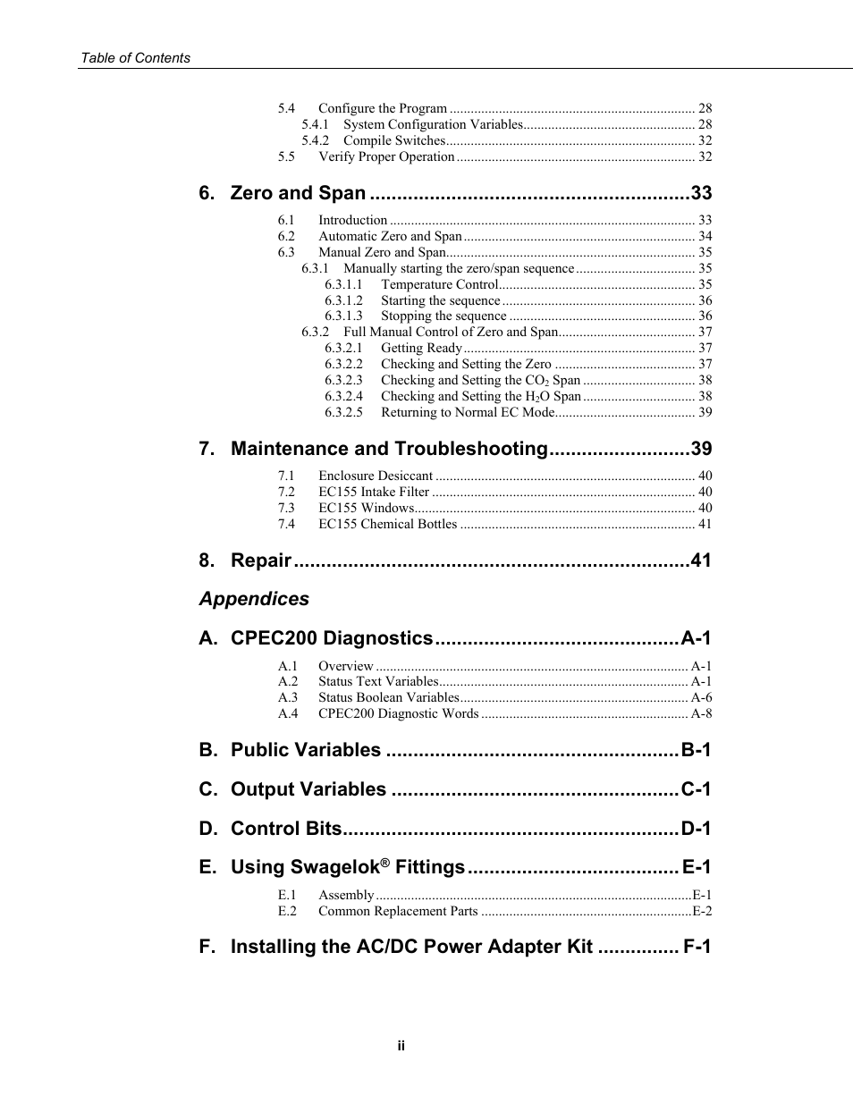 Zero and span, Maintenance and troubleshooting, Repair | Appendices a, Using swagelok | Campbell Scientific CPEC200 Closed-Path Eddy-Covariance System User Manual | Page 8 / 112