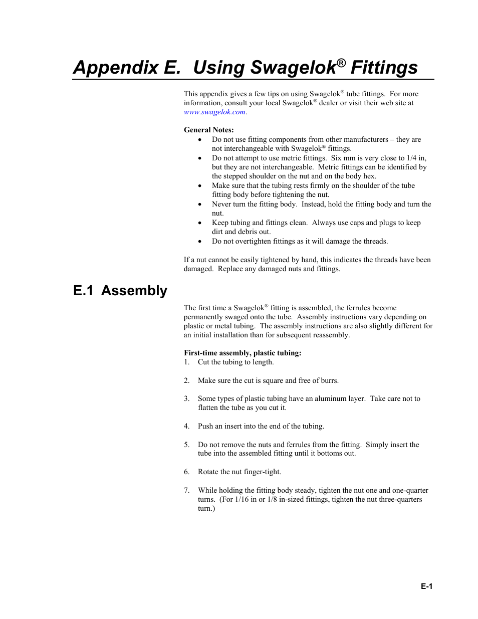 Appendix e. using swagelok® fittings, E.1 assembly, Using swagelok | Appendix e. using swagelok, Fittings | Campbell Scientific CPEC200 Closed-Path Eddy-Covariance System User Manual | Page 91 / 112