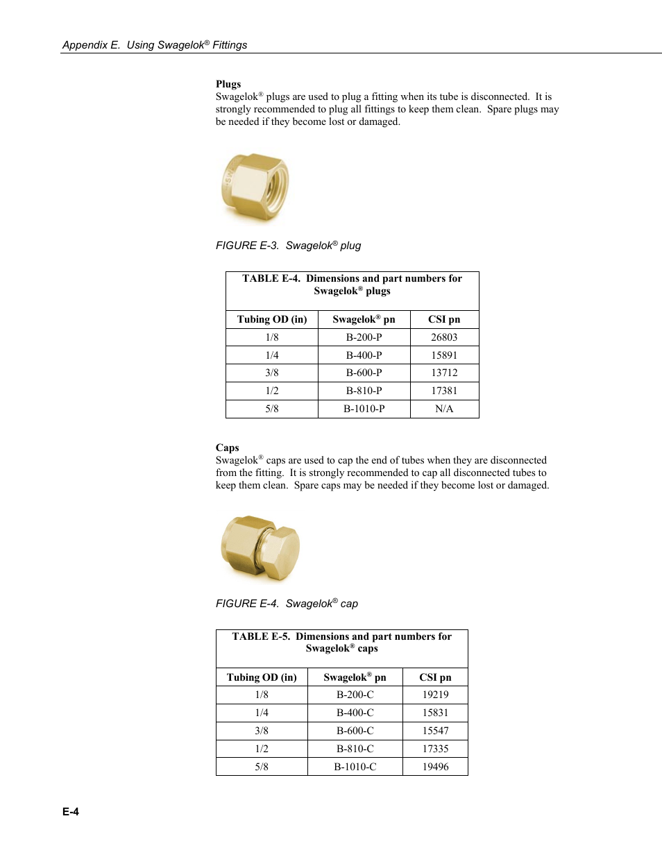 E-3. swagelok, E-4. swagelok, E-4. dimensions and part numbers for swagelok | Plugs ........................ e-4, E-5. dimensions and part numbers for swagelok, Caps .......................... e-4 | Campbell Scientific CPEC200 Closed-Path Eddy-Covariance System User Manual | Page 94 / 112