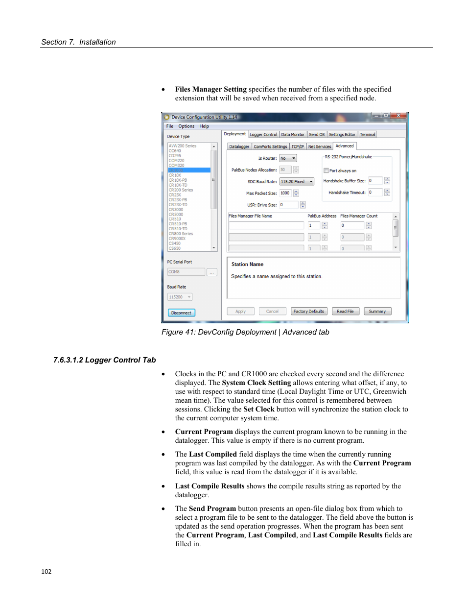 2 logger control tab, Figure 41: devconfig deployment | advanced tab | Campbell Scientific CR1000 Measurement and Control System User Manual | Page 102 / 588
