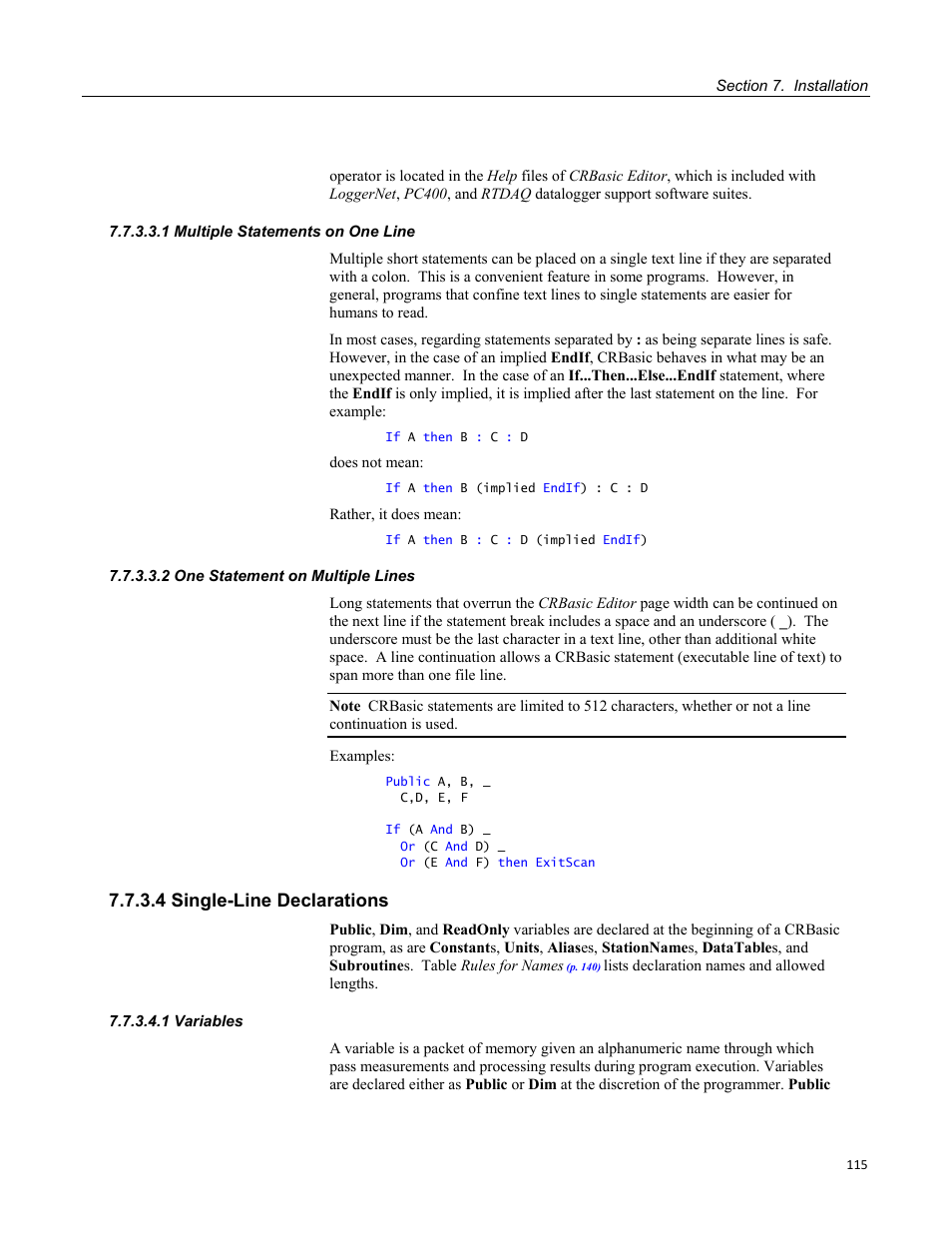 1 multiple statements on one line, 2 one statement on multiple lines, 4 single-line declarations | 1 variables | Campbell Scientific CR1000 Measurement and Control System User Manual | Page 115 / 588