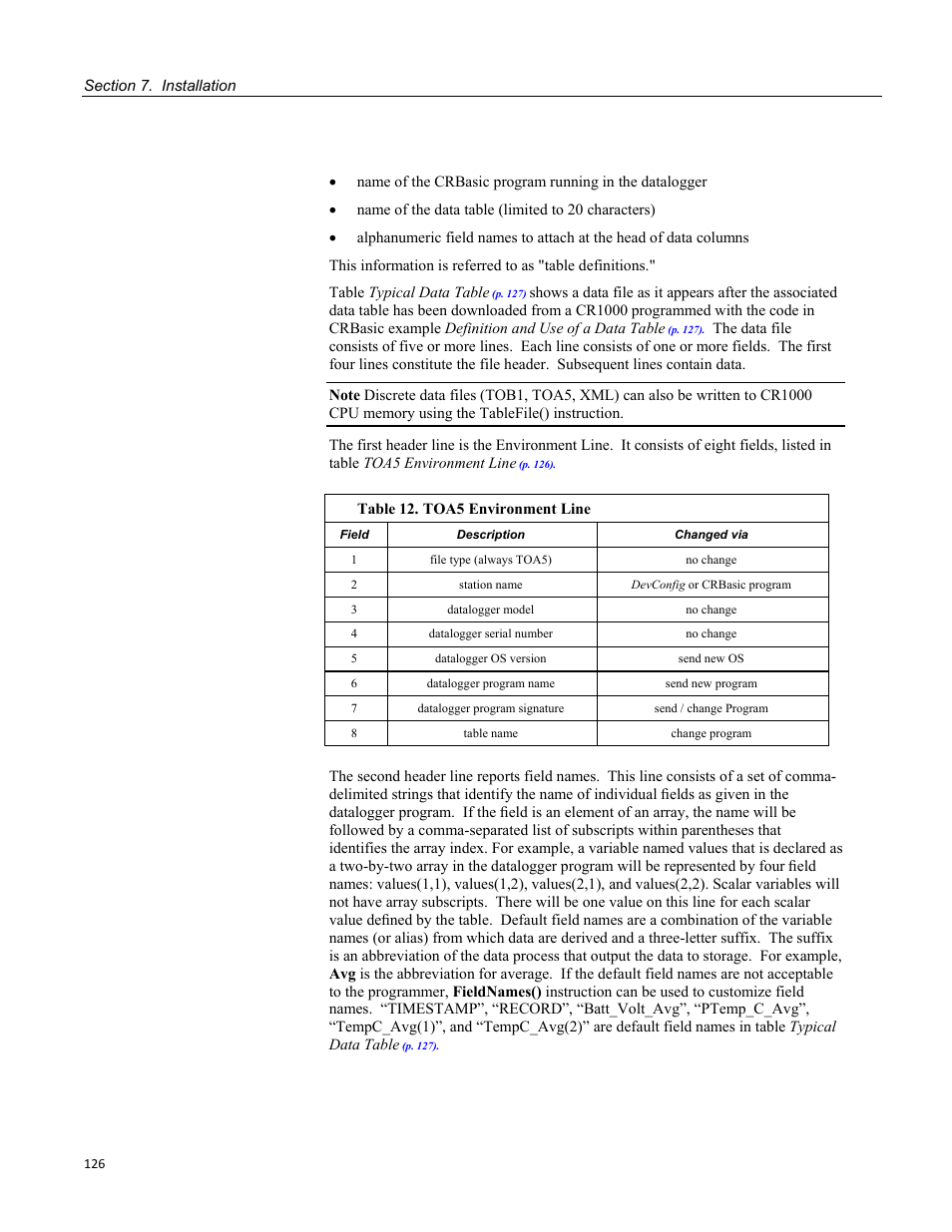 Table 12. toa5 environment line | Campbell Scientific CR1000 Measurement and Control System User Manual | Page 126 / 588
