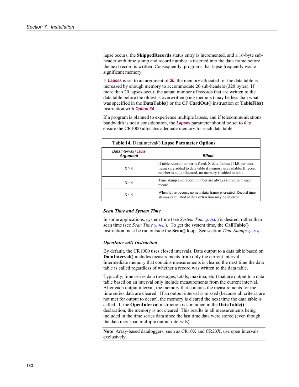 Table 14. datainterval() lapse parameter options | Campbell Scientific CR1000 Measurement and Control System User Manual | Page 130 / 588
