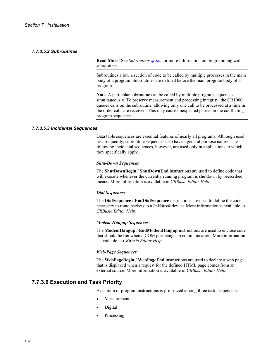 2 subroutines, 3 incidental sequences, 6 execution and task priority | Campbell Scientific CR1000 Measurement and Control System User Manual | Page 132 / 588