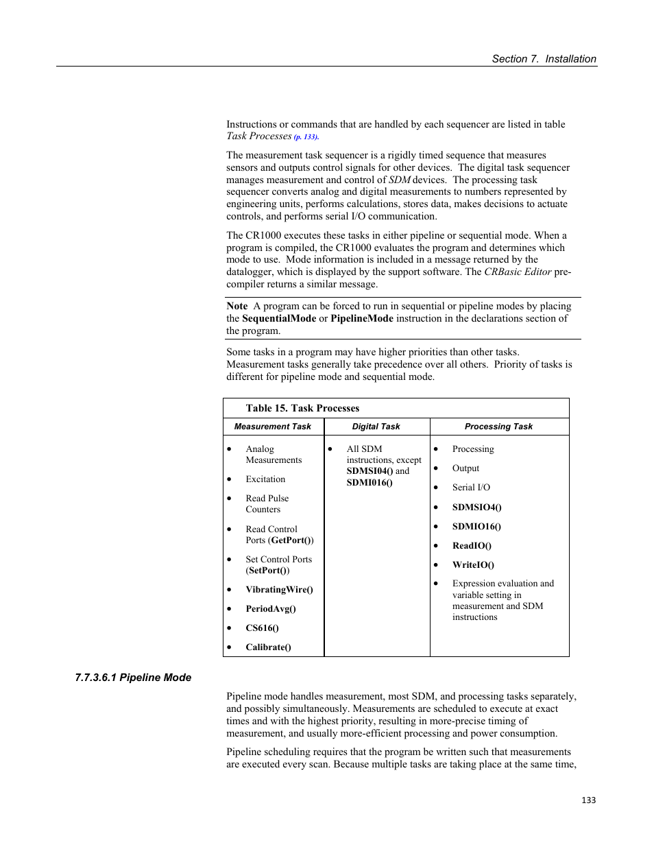 1 pipeline mode, Table 15. task processes | Campbell Scientific CR1000 Measurement and Control System User Manual | Page 133 / 588