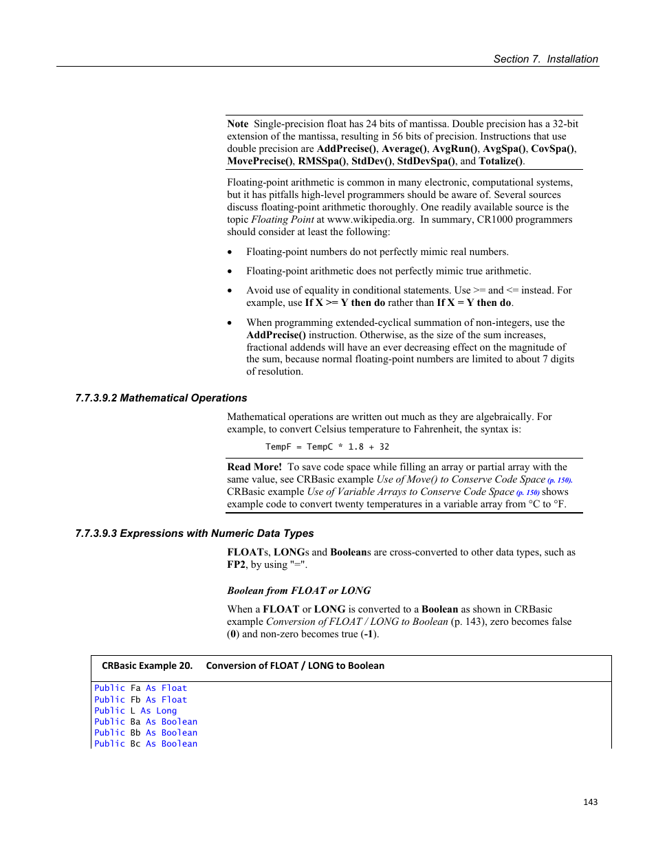 2 mathematical operations, 3 expressions with numeric data types | Campbell Scientific CR1000 Measurement and Control System User Manual | Page 143 / 588