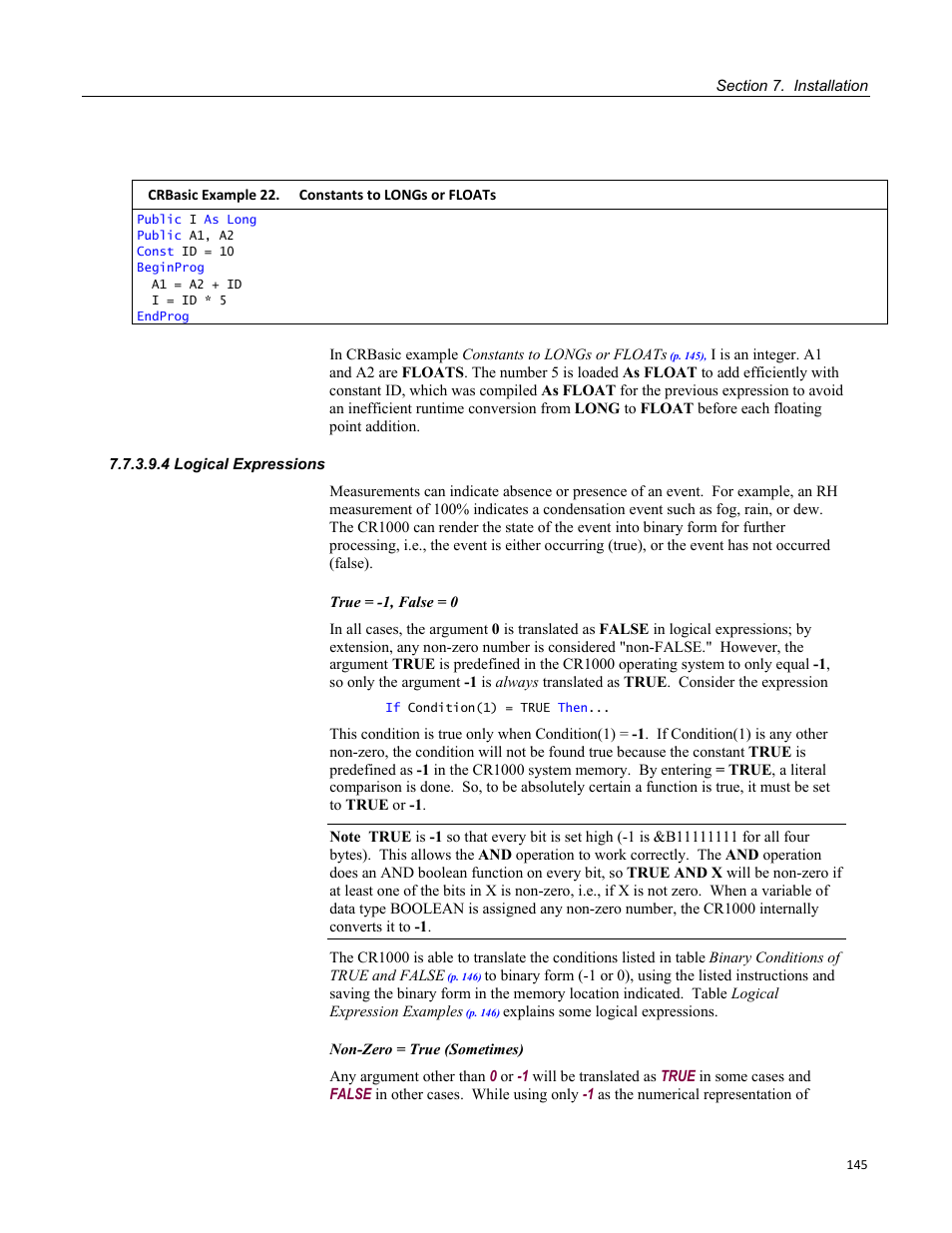 4 logical expressions, Crbasic example 22. constants to longs or floats | Campbell Scientific CR1000 Measurement and Control System User Manual | Page 145 / 588
