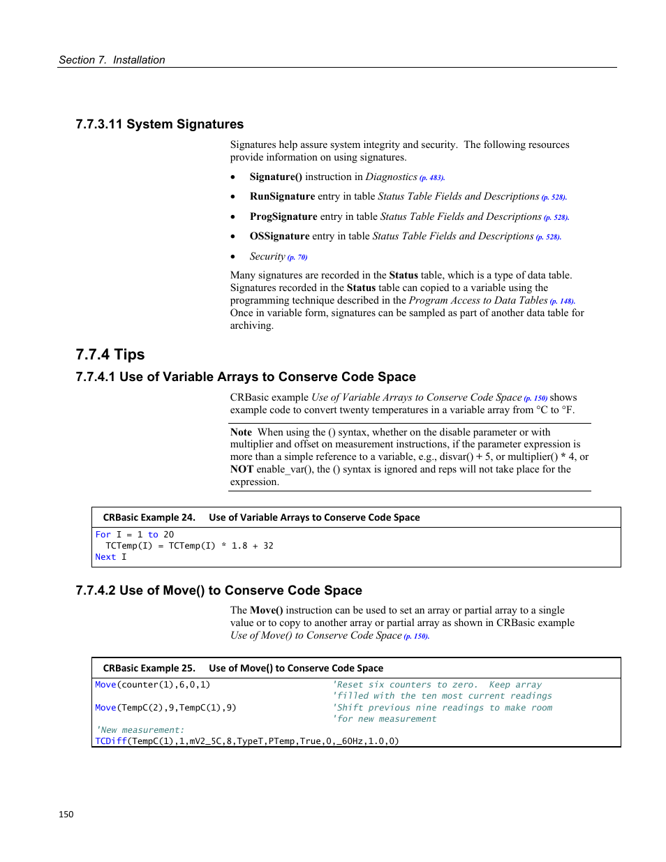 11 system signatures, 4 tips, 1 use of variable arrays to conserve code space | 2 use of move() to conserve code space | Campbell Scientific CR1000 Measurement and Control System User Manual | Page 150 / 588