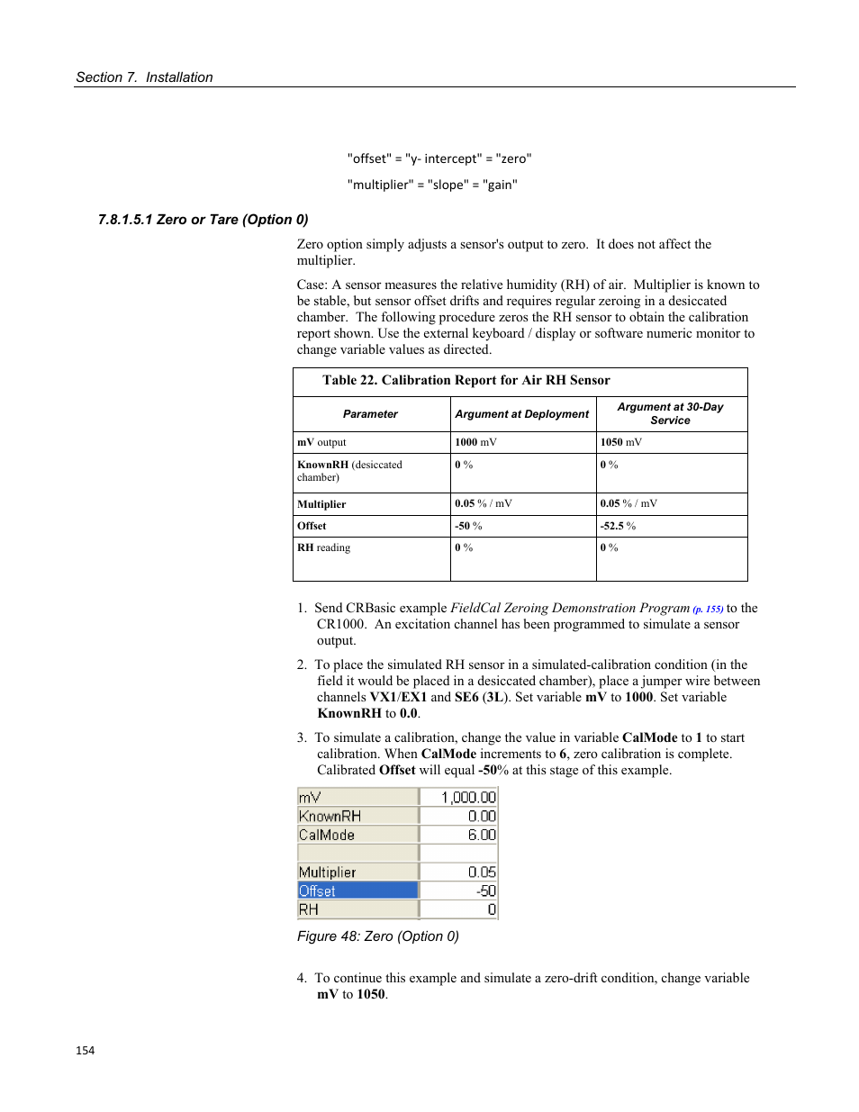 1 zero or tare (option 0), Figure 48: zero (option 0), Table 22. calibration report for air rh sensor | Campbell Scientific CR1000 Measurement and Control System User Manual | Page 154 / 588