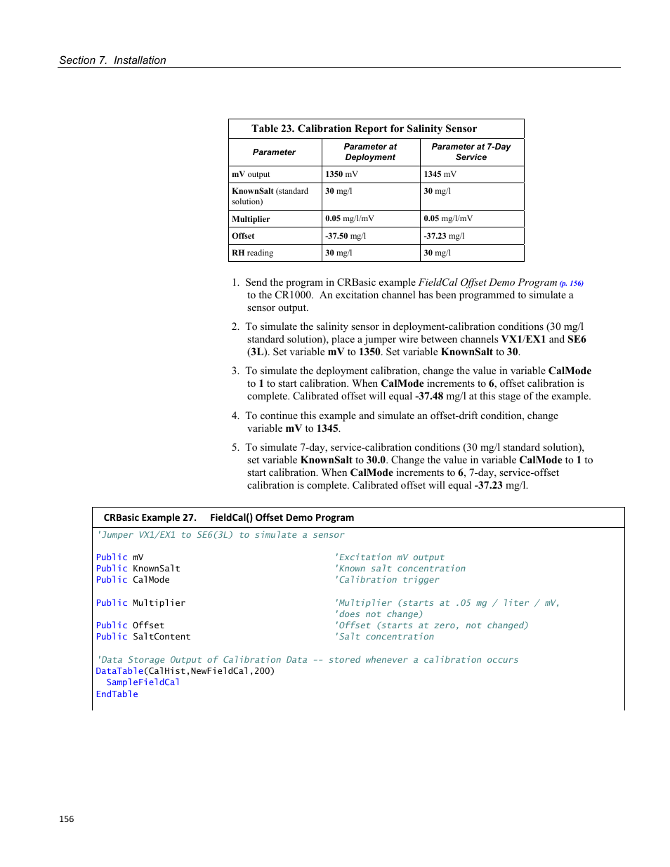 Table 23. calibration report for salinity sensor, Crbasic example 27. fieldcal() offset demo program | Campbell Scientific CR1000 Measurement and Control System User Manual | Page 156 / 588