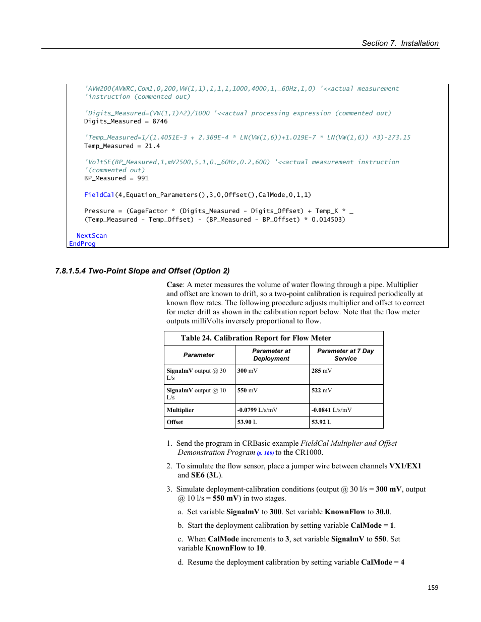 4 two-point slope and offset (option 2), Table 24. calibration report for flow meter | Campbell Scientific CR1000 Measurement and Control System User Manual | Page 159 / 588