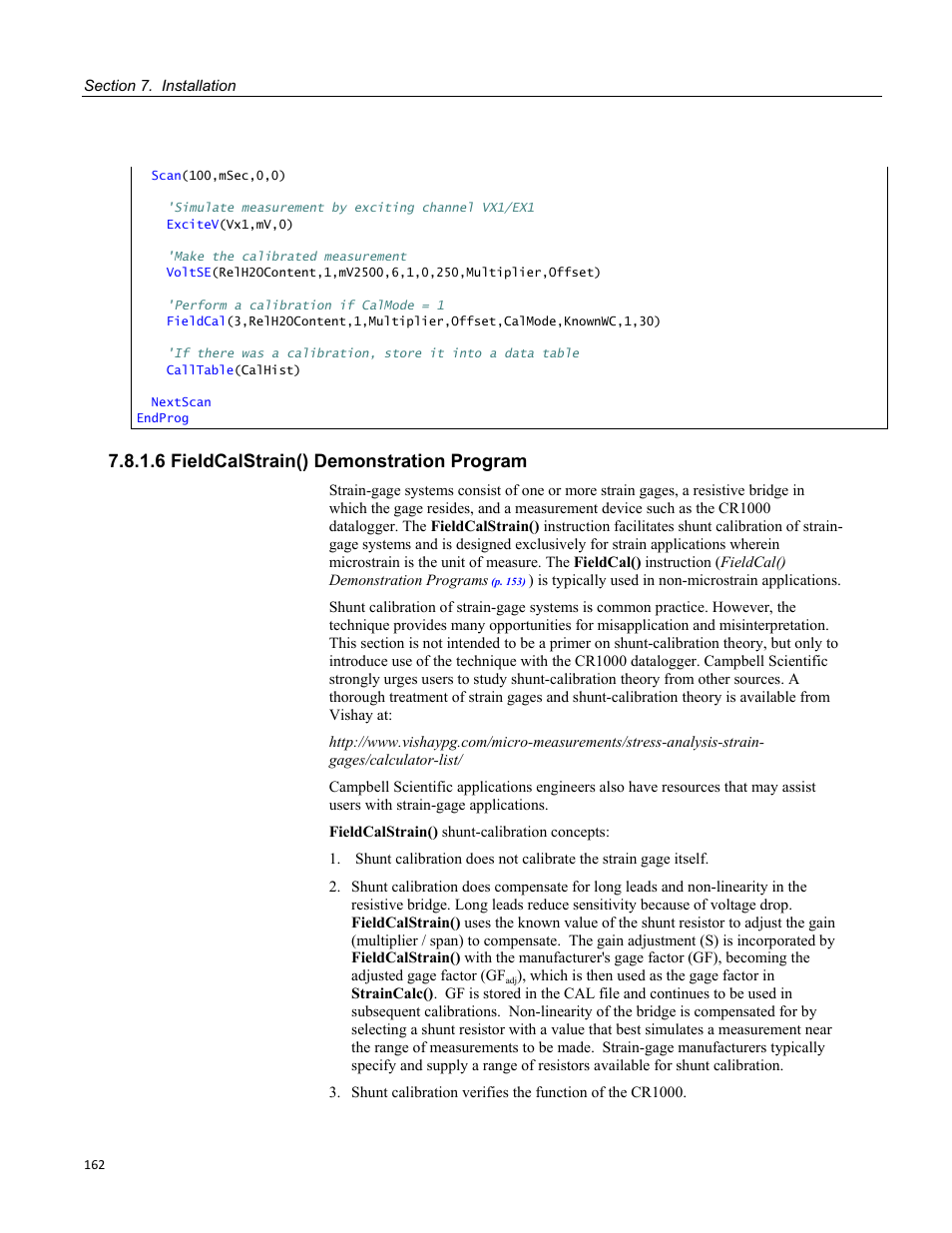 6 fieldcalstrain() demonstration program | Campbell Scientific CR1000 Measurement and Control System User Manual | Page 162 / 588