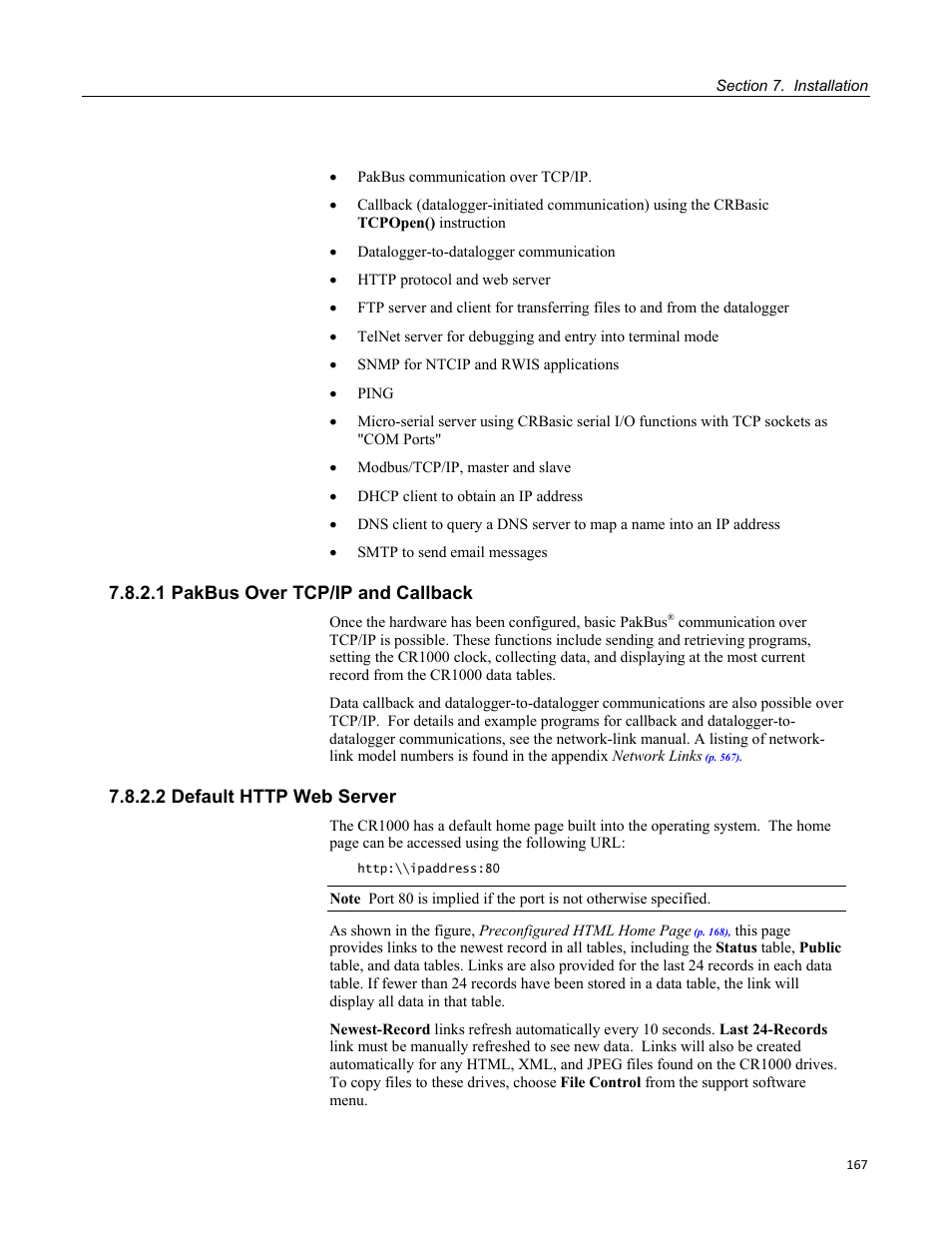 1 pakbus over tcp/ip and callback, 2 default http web server | Campbell Scientific CR1000 Measurement and Control System User Manual | Page 167 / 588