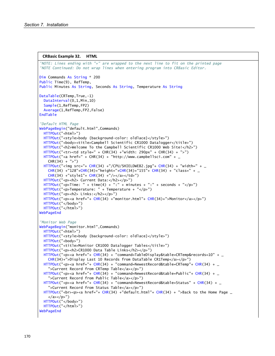 Crbasic example 32. html | Campbell Scientific CR1000 Measurement and Control System User Manual | Page 170 / 588