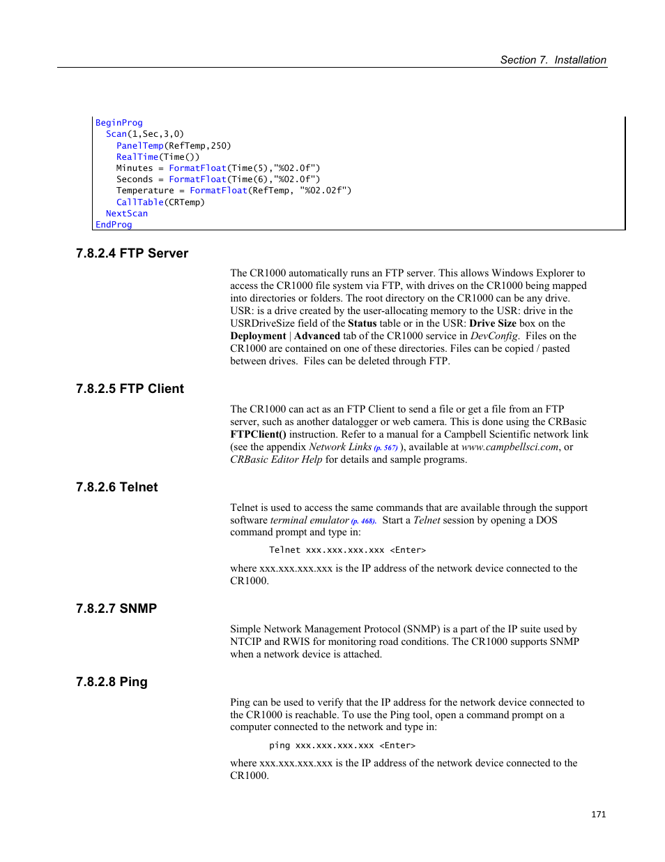 4 ftp server, 5 ftp client, 6 telnet | 7 snmp, 8 ping | Campbell Scientific CR1000 Measurement and Control System User Manual | Page 171 / 588