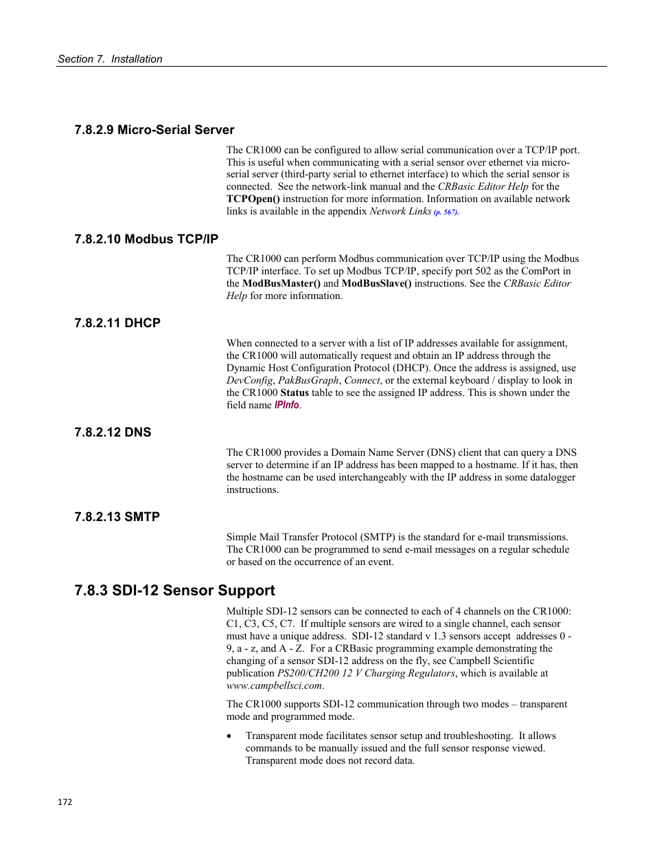 9 micro-serial server, 10 modbus tcp/ip, 11 dhcp | 12 dns, 13 smtp, 3 sdi-12 sensor support | Campbell Scientific CR1000 Measurement and Control System User Manual | Page 172 / 588