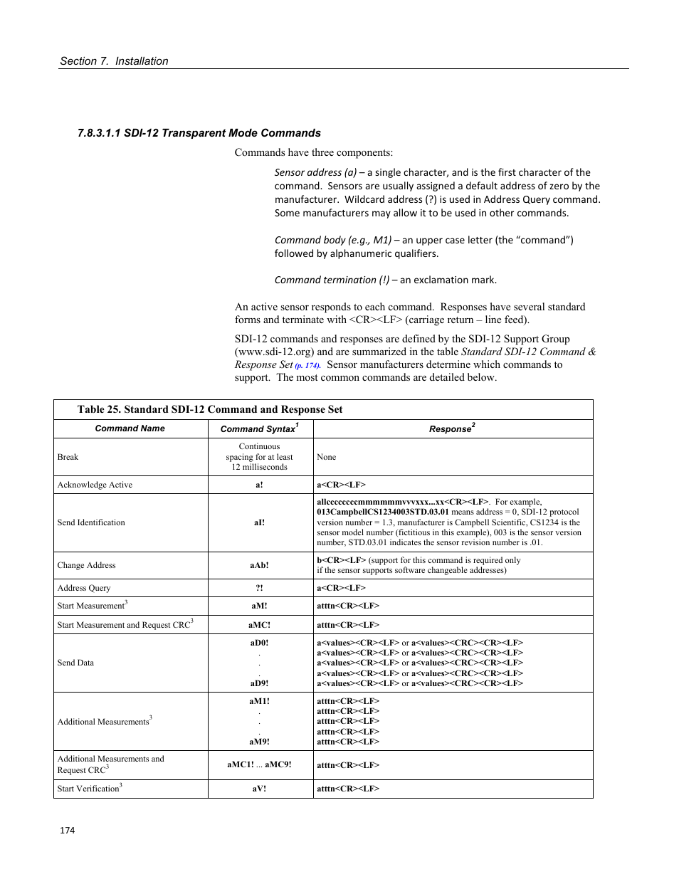 1 sdi-12 transparent mode commands, Table 25. standard sdi-12 command and response set | Campbell Scientific CR1000 Measurement and Control System User Manual | Page 174 / 588