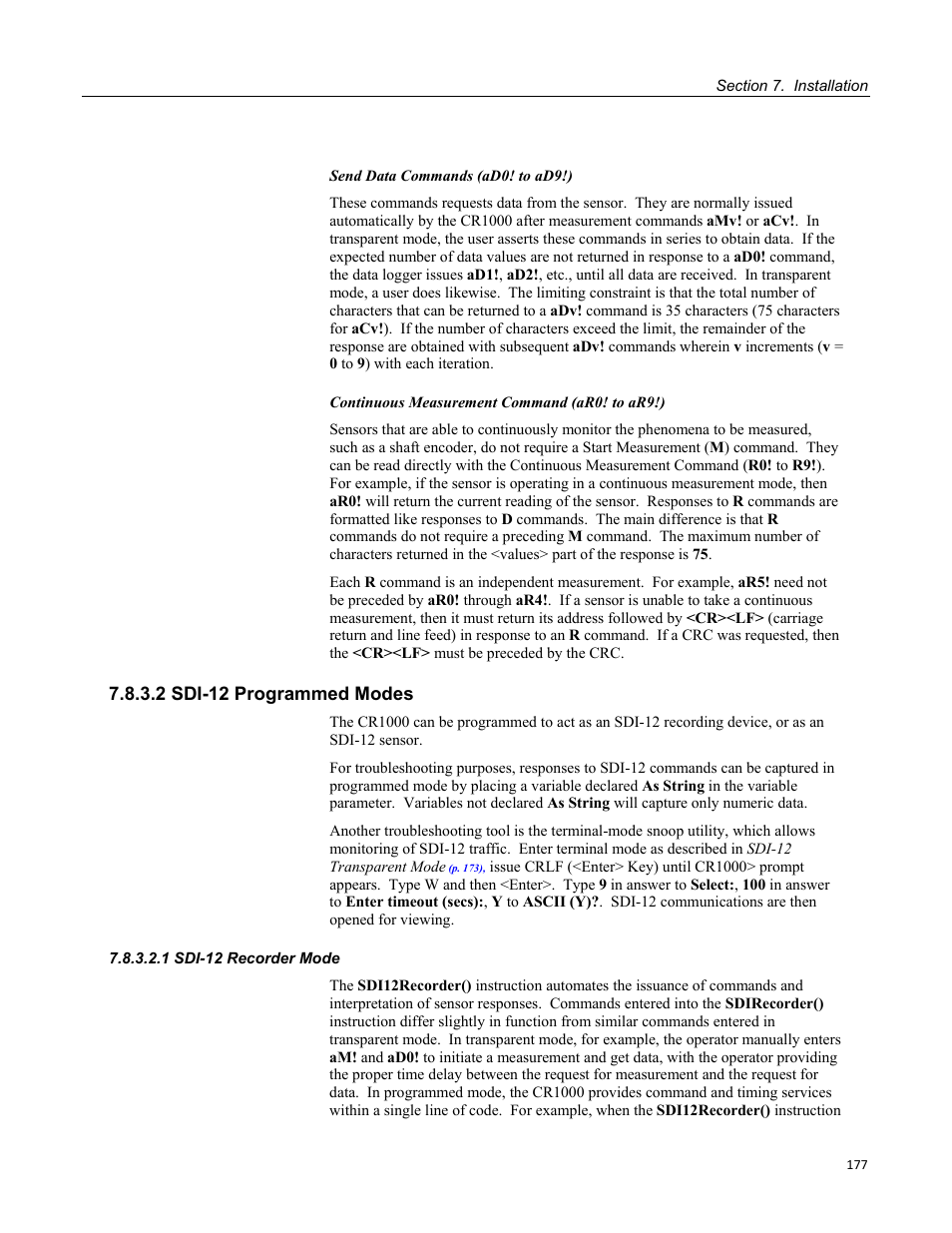 2 sdi-12 programmed modes, 1 sdi-12 recorder mode | Campbell Scientific CR1000 Measurement and Control System User Manual | Page 177 / 588