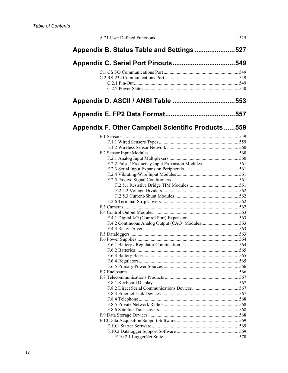 Appendix b. status table and settings, Appendix c. serial port pinouts, Appendix d. ascii / ansi table | Appendix e. fp2 data format, Appendix f. other campbell scientific products | Campbell Scientific CR1000 Measurement and Control System User Manual | Page 18 / 588