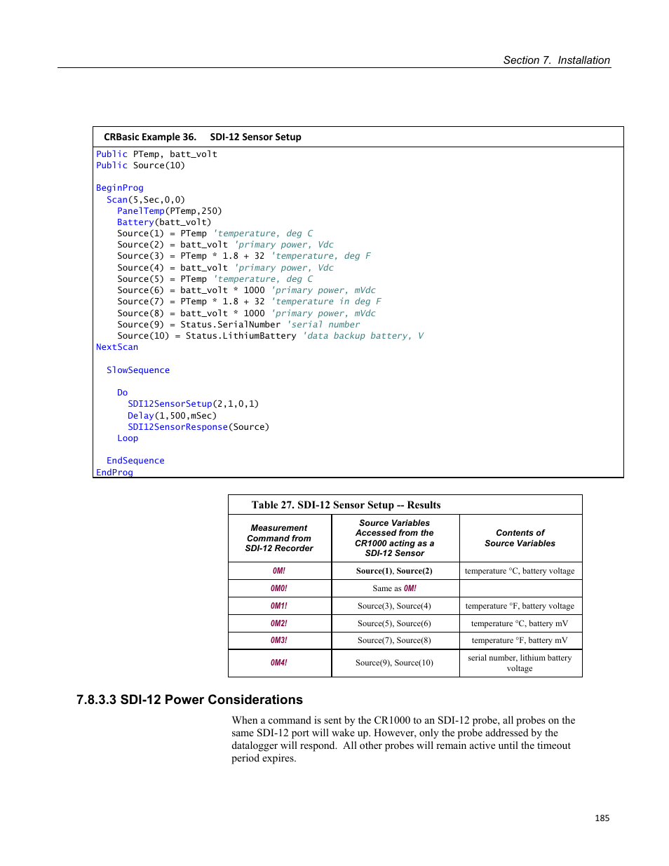 3 sdi-12 power considerations, Table 27. sdi-12 sensor setup -- results, Crbasic example 36. sdi-12 sensor setup | Campbell Scientific CR1000 Measurement and Control System User Manual | Page 185 / 588