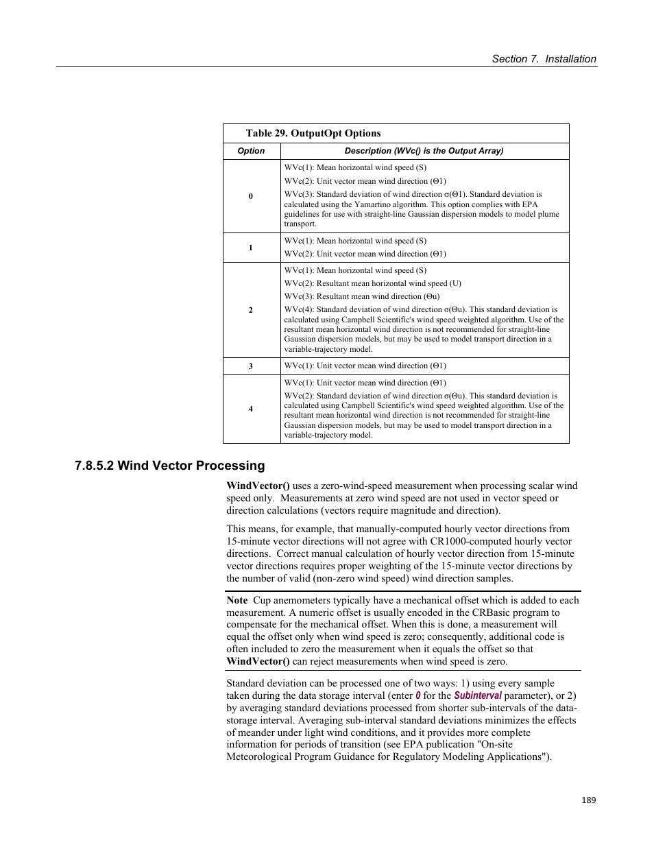 2 wind vector processing, Table 29. outputopt options | Campbell Scientific CR1000 Measurement and Control System User Manual | Page 189 / 588