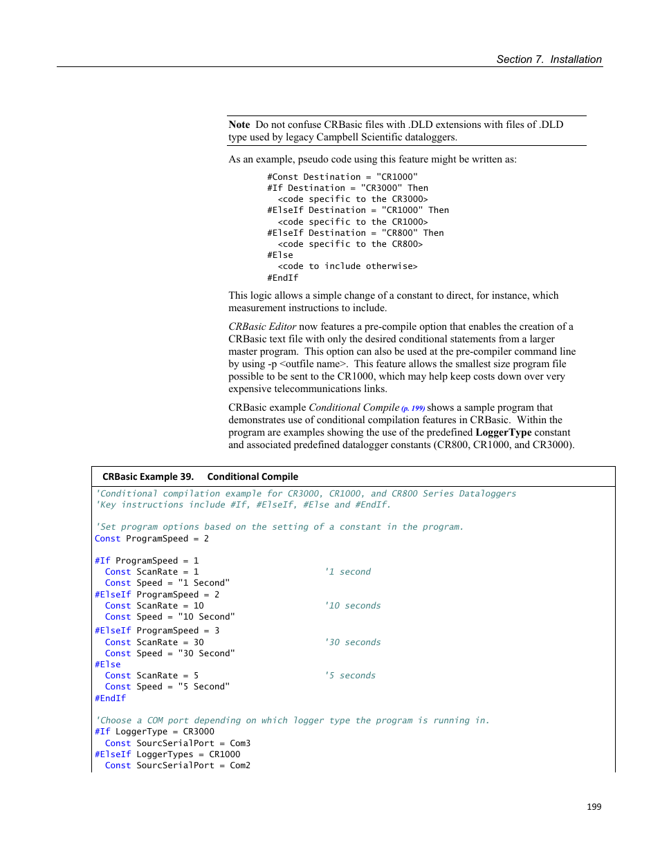 Crbasic example 39. conditional compile | Campbell Scientific CR1000 Measurement and Control System User Manual | Page 199 / 588