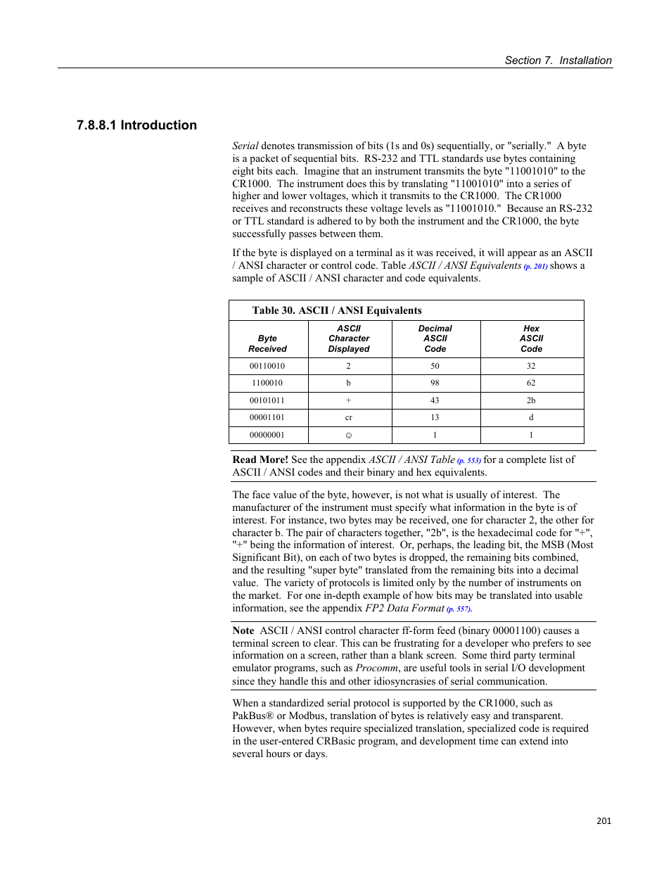 1 introduction, Table 30. ascii / ansi equivalents | Campbell Scientific CR1000 Measurement and Control System User Manual | Page 201 / 588