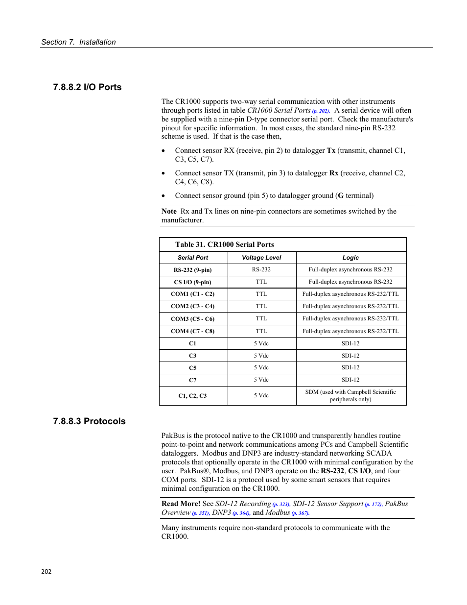 2 i/o ports, 3 protocols, Table 31. cr1000 serial ports | Campbell Scientific CR1000 Measurement and Control System User Manual | Page 202 / 588